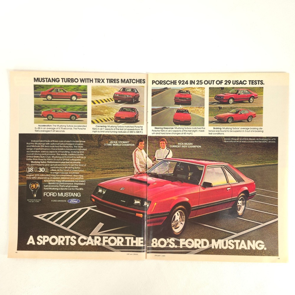 1980 Ford Mustang Turbo Print Ad Porsche 924 Vintage Garage Wall Show Display